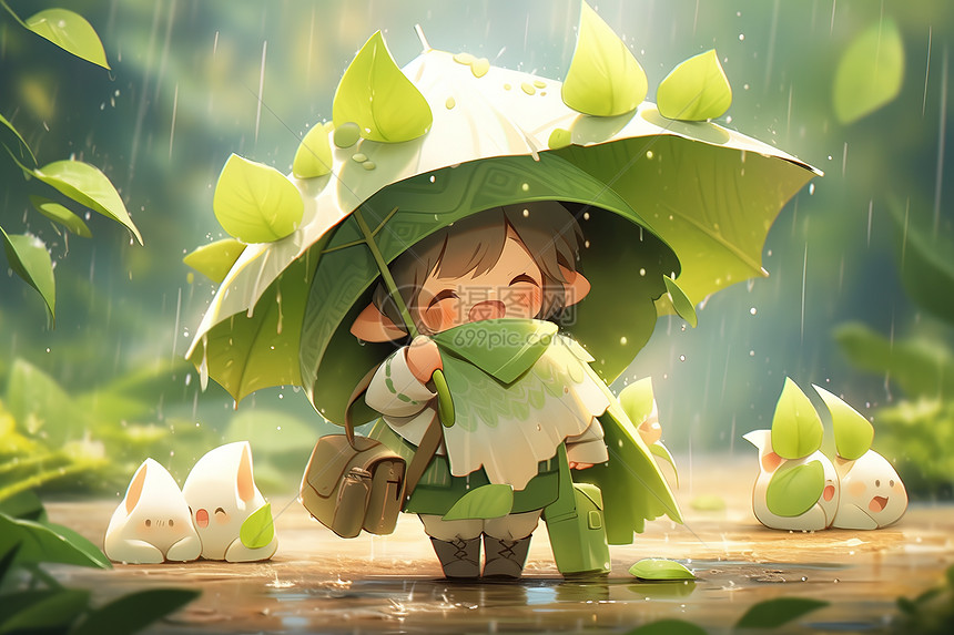 下雨天撑着荷叶雨伞的小男孩图片