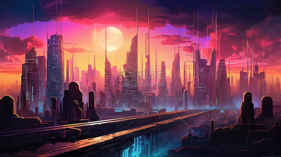 未来主义霓虹灯下城市景观图片