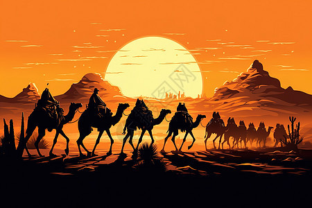 骆驼商队在美丽的日落下跋涉穿过沙漠图片
