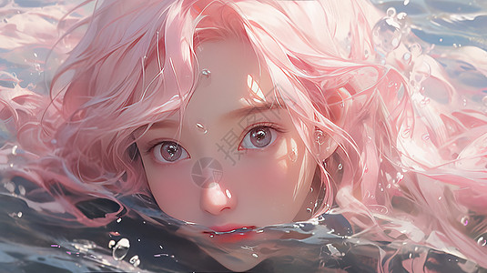 水中唯美卡通女孩粉色头发图片