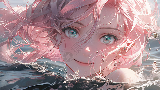 游泳特写粉色头发卡通女孩在水中游泳面部特写插画