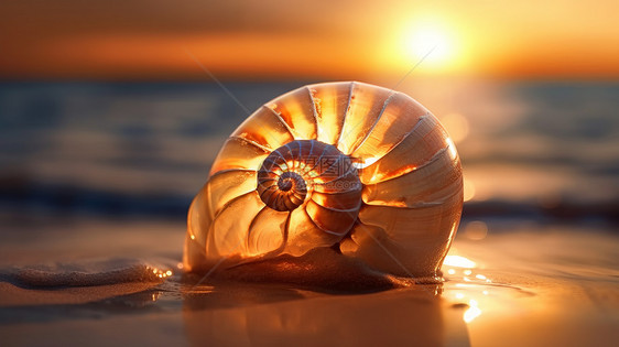 夕阳在沙滩上美丽发光的贝壳图片