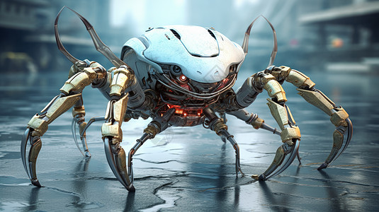 走在街上的金属质感科幻机器人螃蟹图片