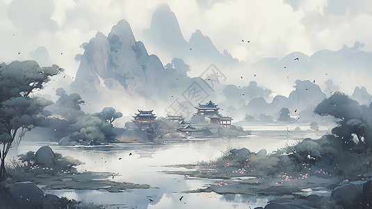古代山水意境的水墨画插画图片下载-正版图片600429296-摄图网