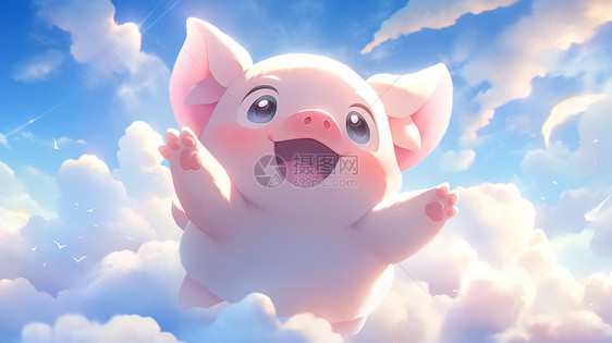 在云朵间飞行的开心卡通小猪图片