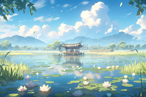 夏日盛开的莲花湖泊亭子图片