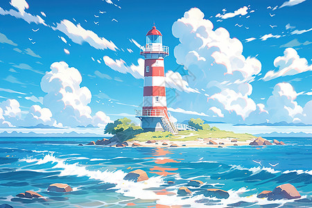 夏季海中央的灯塔夏天漫画背景图片