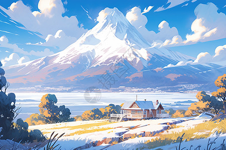 雪山下小屋冬季风景漫画背景图片