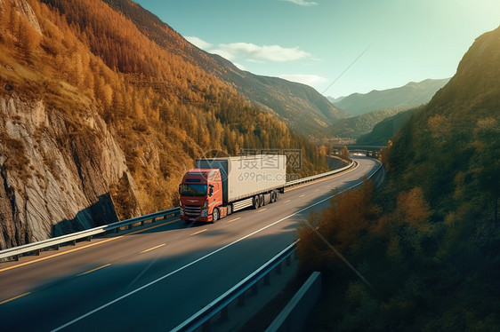 一辆货运卡车在高速公路上行驶图片