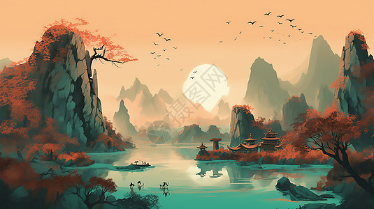 中式山水风景插画图片