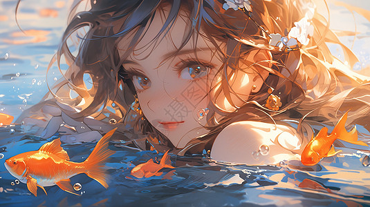 在水中游泳的卡通长发女孩与小鱼背景图片