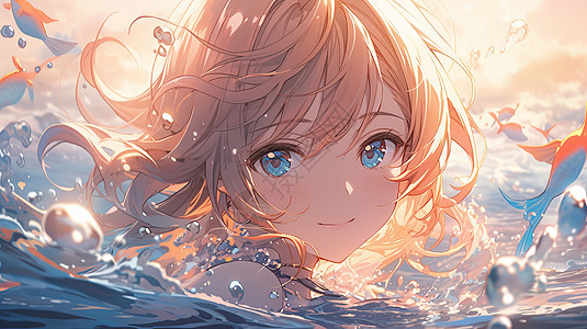 橙色头发蓝色大眼睛在水中的卡通女孩图片