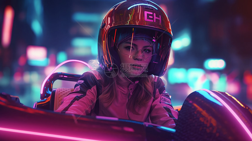 酷酷的女赛车手戴着头盔坐在赛车里图片