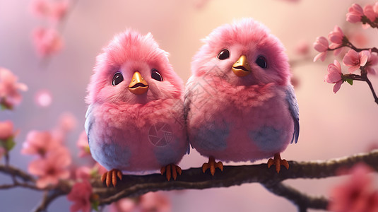 两只毛绒绒粉色卡通立体小鸟在树枝上图片