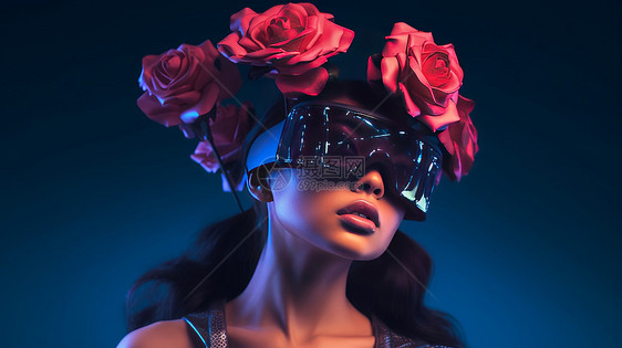 头戴红色玫瑰花与与VR眼镜的时尚女孩图片