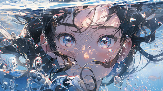 潜入水中的卡通大眼睛女孩唯美图片