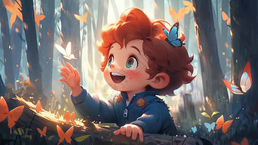 在森林中抓蝴蝶的可爱红色头发卡通小男孩图片