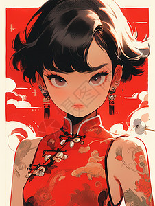 中国风旗袍红色系多巴胺配色小女孩背景图片