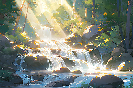 热带雨林的瀑布夏日森林卡通插画图片