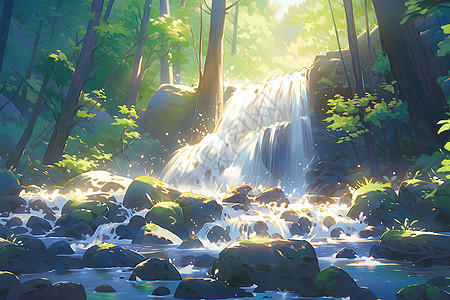 热带雨林瀑布夏日森林卡通插画图片