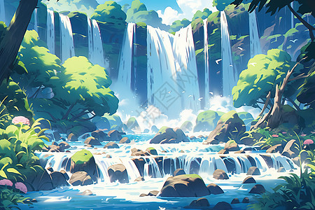 夏日森林里壮观的瀑布自然风景插画图片