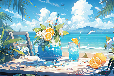 海边夏日缤纷的饮料图片