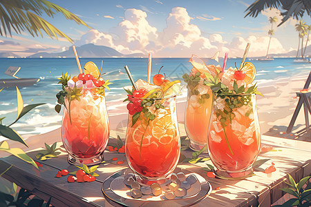 海边夏日缤纷的水果汁饮料图片