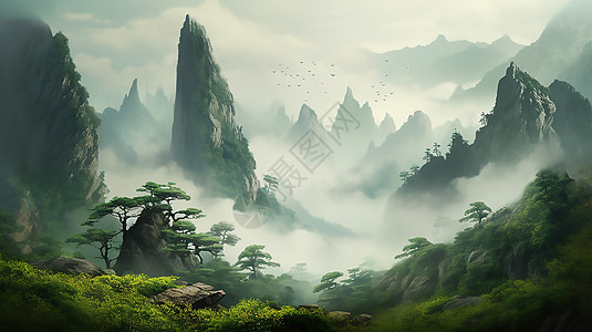 青山浓雾松树风景图片