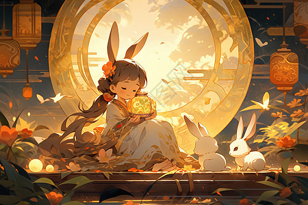 可爱的小仙女和兔子中秋元素插画背景图片