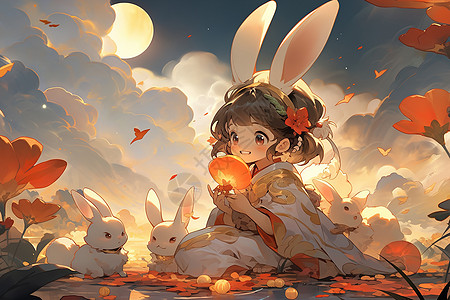 可爱的小仙女和兔子中秋卡通插画图片