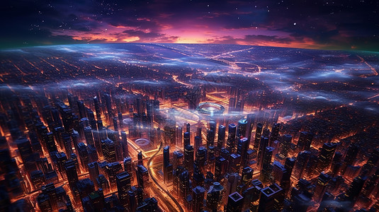 科技城市傍晚云雾缭绕的卡通城市夜景鸟瞰图插画