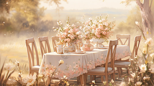 在野外桌子上放满鲜花小清新风景高清图片