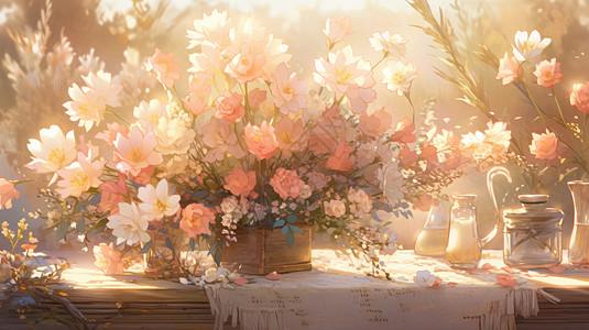 梦幻小清新卡通花朵放在复古桌子上图片