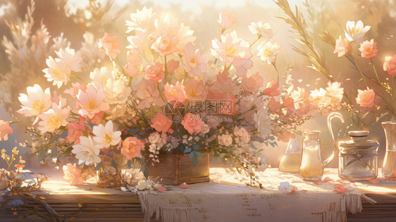 梦幻小清新卡通花朵放在复古桌子上图片