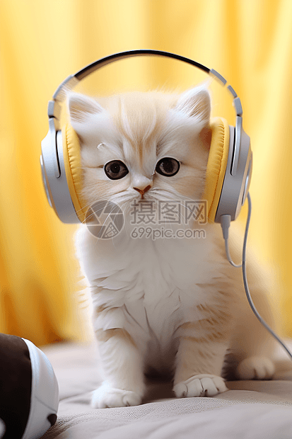 一只可爱戴耳机的猫图片