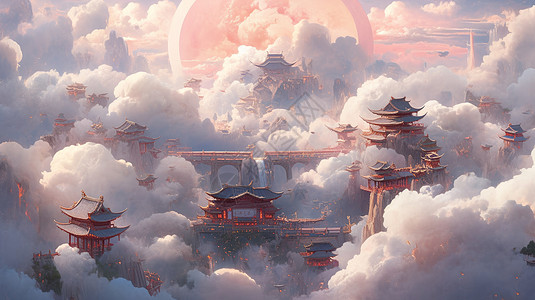 被云朵包围的梦幻卡通古风城市图片