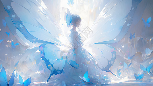 梦幻超大蝴蝶翅膀穿公主裙的卡通女孩与蓝色蝴蝶图片