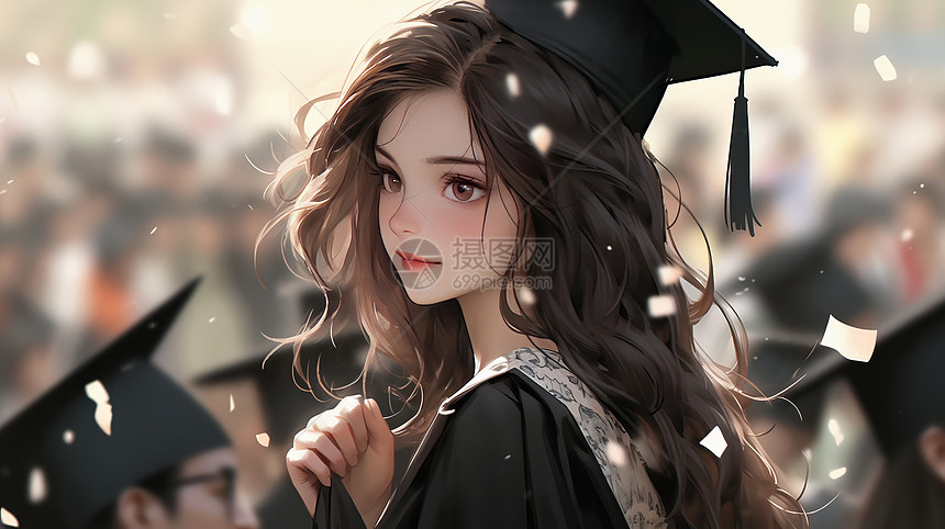 黑色长卷发卡通女孩穿学士服参加毕业典礼图片