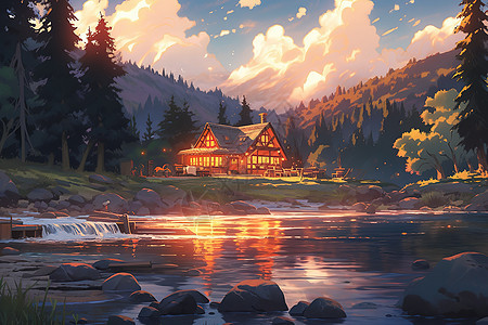 古老的松树森林小屋美丽的落日插画图片
