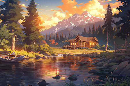 松树森林小屋美丽的夏天日落插画图片