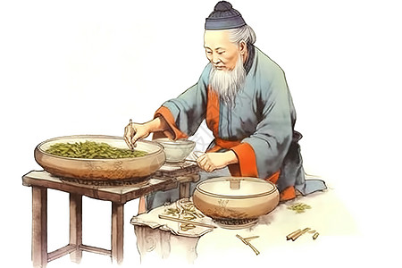 中国古老的中医在晒制草药图片