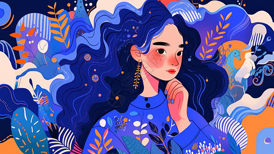 蓝色调装饰画扁平风漂亮卡通女孩与植物背景图片
