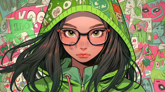穿绿色卫衣戴眼镜的长发时尚卡通女孩图片