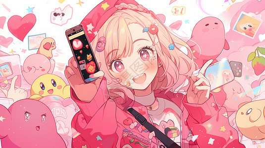 拿着手机穿粉色衣服开心的多巴胺卡通女孩图片