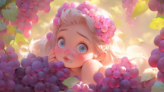 满头紫色葡萄趴在葡萄旁边的可爱头发小公主图片