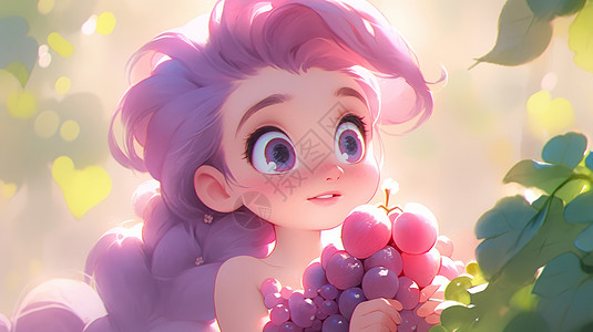 可爱的紫色长发卡通小公主抱着诱人的葡萄图片