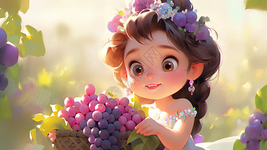 抱着一筐新鲜葡萄的可爱卡通小公主图片
