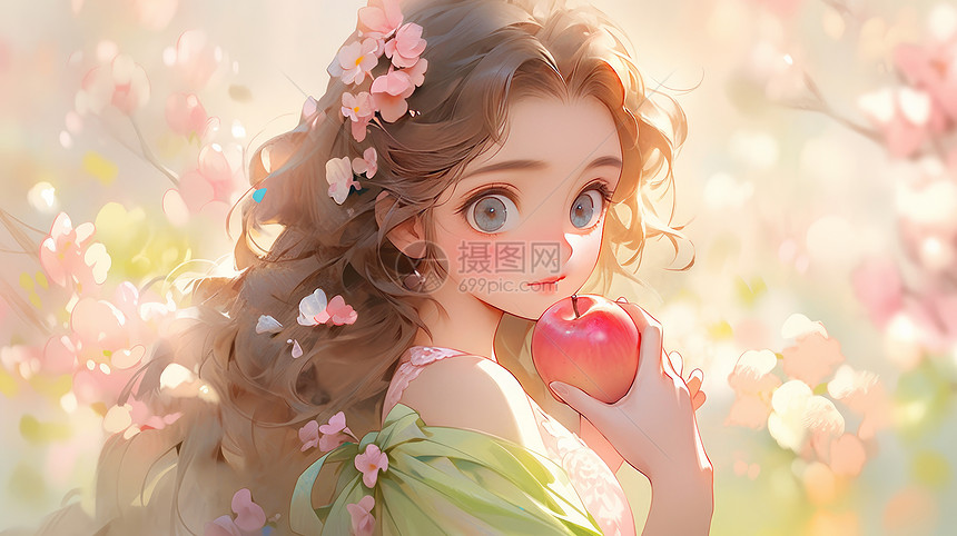 头戴粉色小花手拿苹果的可爱卡通小公主图片