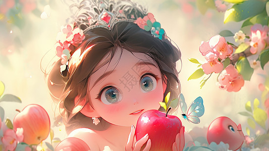 拿着红苹果的可爱卡通小公主图片