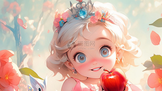 戴着蓝色大钻石皇冠手拿红苹果的可爱卡通小公主图片